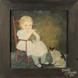 of a young girl with two cats by Jeanne Davies, oil on board, offered Apr 2016