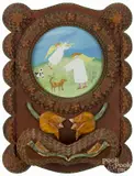 of two angels housed in a tramp art frame with a wall pocket by Timothy Strawser by Barbara Strawser, watercolor and gouache, offered Apr 2016