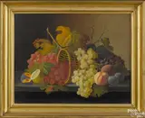 panel still life of fruit and a basket on top of a slab table by Severin Roesen, oil on wood, offered Apr 2016