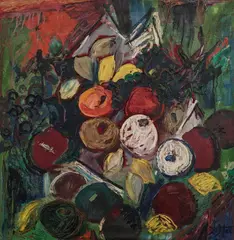 Untitled (Still Life) by Manoucher Yektai, oil on red fabric, sold Nov 2022
