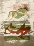 Two Reclining Figures on Striped Background (CR-239) by Henry Moore, 1973, lithograph in colors, sold Nov 2022