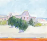 Pink Beach House by Ralph Della-Volpe, oil on canvas, sold Nov 2022