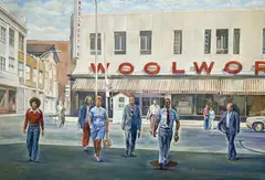 Woolworth, Schenectady, NY by Nina Rosenblum, 1975, acrylic on canvas, sold Nov 2022