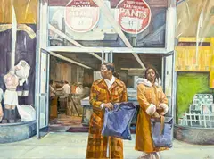 Two Young Women on Pearl Street by Nina Rosenblum, 1973, acrylic on canvas, sold Nov 2022