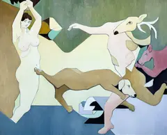 Untitled (Woman with Dogs and Deer-Head Figure) by Leonard Alberts, oil on canvas, sold Dec 2022