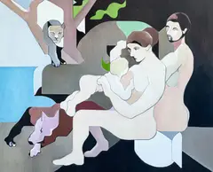 Untitled (Couple with Child, Dog, and Large Cat) by Leonard Alberts, oil on canvas, sold Dec 2022