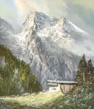 Untitled (Mountains Scene) by Herbert August Uerpmann, oil on canvas (unstretched), sold Dec 2022