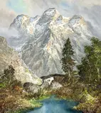 Untitled (Mountains Over Water) by Herbert August Uerpmann, oil on canvas (unstretched), sold Dec 2022