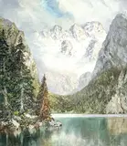 Untitled (Mountains Over Water) by Herbert August Uerpmann, oil on canvas (unstretched), sold Dec 2022