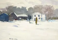 Winter Farm by Ralph Della-Volpe, oil on canvas board, sold Dec 2022