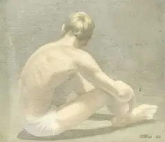 Seated Swimmer by Robert R. Bliss, 1960, oil on masonite, sold Dec 2022