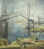 Untitled (Abstract Cityscape) by Lowell Nesbitt, 1954, oil on canvas (unstretched), sold Dec 2022