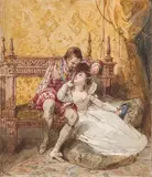 Amy Robsart et le comte de Leicester by Richard Parkes Bonington, 1825, Aquarelle et gouache sur traits de crayon, sold Nov 2022