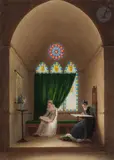 Scène troubadour, jeune femme et sa dame de compagnie dans un intérieur gothique by Auguste-Siméon Garneray, 1821, Aquarelle et gouache sur traits de crayon, sold Nov 2022