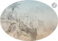 Monaco, le palais by Jacques Guiaud, 1853, Crayon et aquarelle en ovale, sold Nov 2022