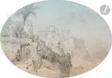 Monaco, le palais by Jacques Guiaud, 1853, Crayon et aquarelle en ovale, sold Nov 2022