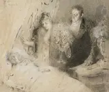 Retour de bal, visite nocturne by Albert Lynch, Crayon noir et rehauts de gouache blanche, sold Nov 2022