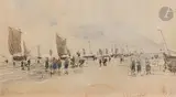 Voiliers en bord de mer by Eugène Boudin, Aquarelle et crayon, sold Nov 2022