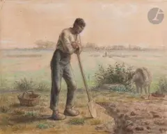 Recto : Un paysan se reposant sur sa bêche dans son champ Verso : Études de femmes nues, de bras et de jambes pour le pastel des Baigneuses by Jean-François Millet, Pastel et crayon noir, sold Nov 2022