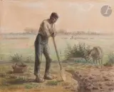 Recto : Un paysan se reposant sur sa bêche dans son champ Verso : Études de femmes nues, de bras et de jambes pour le pastel des Baigneuses by Jean-François Millet, Pastel et crayon noir, sold Nov 2022