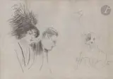 Madame Lantelme (?) accompagnée d’un homme et d’un chien by Giovanni Boldini, Crayon noir sur nappe damassée de chez Maxim’s, sold Nov 2022