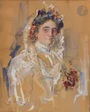 Portrait de femme à la mantille et au bouquet de roses by Jan Šafařík, 1911, Aquarelle et rehauts de gouache sur traits de crayon, sold Nov 2022