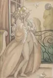 La Lecture de la lettre au balcon by Gerda Wegener, Aquarelle, mine de plomb et rehauts de gouache, sold Nov 2022