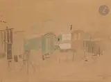 Roulottes by Léonard-Tsuguharu Foujita, 1931, Aquarelle et crayon, sold Nov 2022
