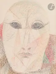 Masque de pierre by Henry de Waroquier, 1930, Encre et crayons de couleur, sold Nov 2022
