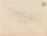 Paysage au pont by Jean Souverbie, Mine de plomb et crayons de couleur, sold Nov 2022