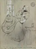 T’as donc pris ton bain de pied dans la cuvette by Francisque Poulbot, Crayon noir et rehauts de gouache, sold Nov 2022