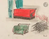 Projet de décor au canapé rouge by Christian Bérard, Crayon et aquarelle, sold Nov 2022