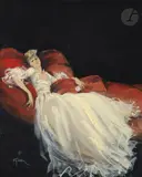 Femme au divan à la robe blanche by René Gruau, vers 1950, Gouache, sold Nov 2022