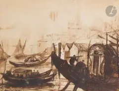 Venise, les gondoles by André Maire, Encre et lavis d’encre sur traits de crayon, sold Nov 2022