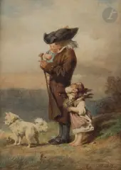 Un homme avec ses enfants by Théophile Adolphe Midy, Aquarelle, sold Nov 2022