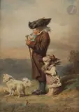Un homme avec ses enfants by Théophile Adolphe Midy, Aquarelle, sold Nov 2022