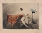 Femme aux hortensias by Louis Icart, Pointe sèche et aquatinte, copyright, sold Dec 2010