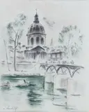 La Passerelle des Arts et l'Institut by André Hambourg, Plume et pastel, sold Dec 2010