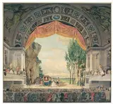 Scène d'opéra comique dans un théâtre à la grecque by Pierre-François-Léonard Fontaine, 1791, Plume, encre noire, lavis de noir et de gris, et aquarelle, sold Jun 2012