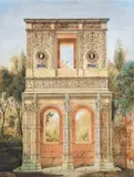 Projet d'architecture en deux parties sur fond de paysage, néogothique dans la partie inférieure et antiquisant dans la partie supérieure, avec frise et portrai by Louis Saint-Ange-Desmaisons, 1831, Pierre noire, plume, encre brune, lavis de brun et aquarelle, sold Jun 2012