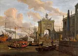 Embarquement dans un port méditerranéen avec une arche romaine et un obélisque by Abraham Storck, Toile d'origine, sold Nov 2011