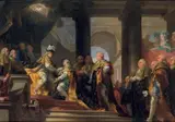Louis XVI reçoit à Reims, après son sacre, les hommages des chevaliers du Saint Esprit, en tant que Grand Maitre de l'Ordre, 13 juin 1775 by Gabriel François Doyen, Toile, sold Nov 2011