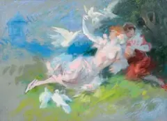 Elégantes aux colombes dans un paysage bucolique by Jules Chéret, Pastel sur toile, sold Jun 2011
