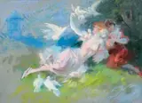 Elégantes aux colombes dans un paysage bucolique by Jules Chéret, Pastel sur toile, sold Jun 2011
