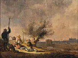 La Haye [?] 1663) Paysans au repos après les foins by Anthony van der Cross, Panneau de chêne, une planche, non parqueté, sold May 2011