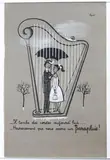 Il tombe des cordes aujourd'hui. -Heureusement que nous avons un parapluie ! by Raymond Peynet, Gouache au pochoir sur fond imprimé, sold Jun 2022