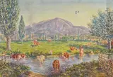 Troupeau de vaches franchissant la rivière by Mathieu Corizzi, Aquarelle sur papier, sold Jun 2022