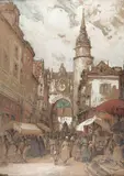 Auxerre, Le marché by Eugène Villon, 1928, Crayon noir et gouache sur carton, sold May 2022