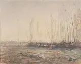 Paysage d'hiver aux peupliers by François-Auguste Ravier, Aquarelle sur papier collée en plein sur carton, sold May 2022