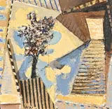 Small painting with tree by Anthony Whishaw, 1991, Technique mixte, acrylique et collage d'éléments de bois, de carton et de toile sur pannea, sold May 2022